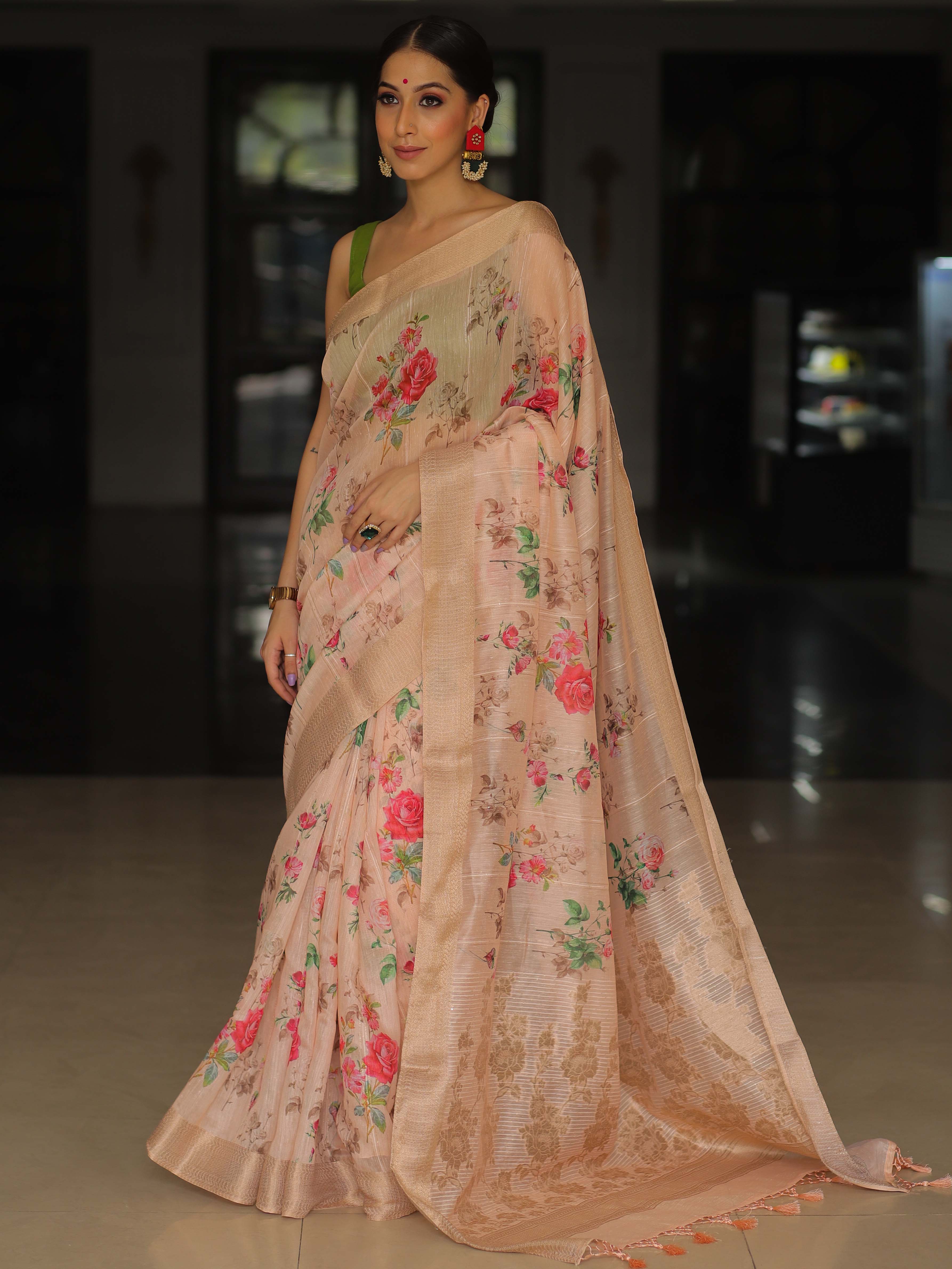 Banarasee Linen Cotton Digital Print Antique Zari Saree-Peach