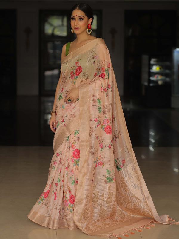 Banarasee Linen Cotton Digital Print Antique Zari Saree-Peach
