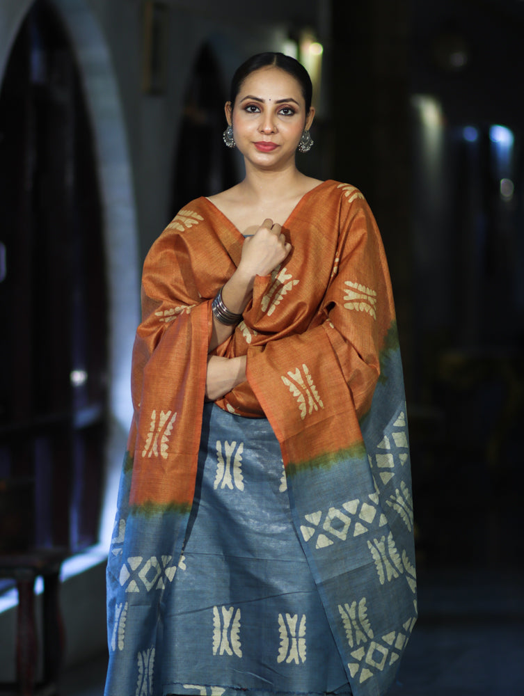 Pure Handloom Khadi Cotton Hand-Dyed Batik Pattern Salwar Kameez Dupatta Set-Blue & Brown