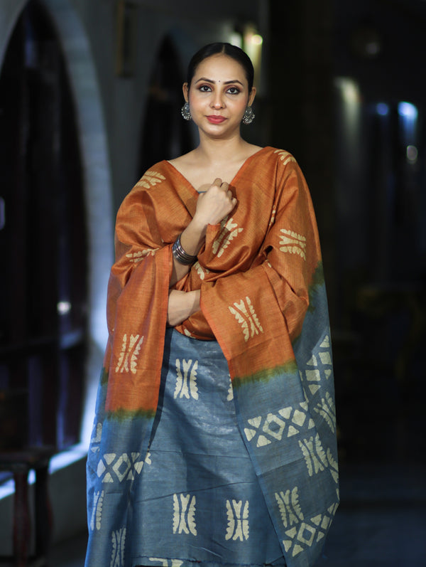 Pure Handloom Khadi Cotton Hand-Dyed Batik Pattern Salwar Kameez Dupatta Set-Blue & Brown