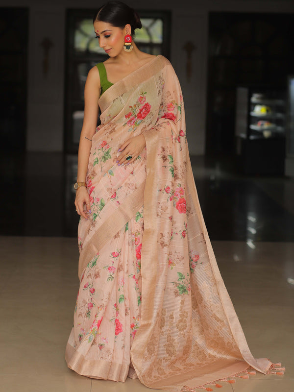 Banarasee Linen Cotton Digital Print Antique Zari Saree-Peach