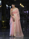 Banarasee Cotton Silk Plain Saree With Floral Zari Border-Pastel Peach