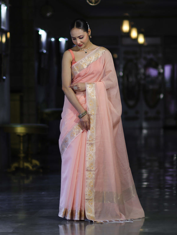 Banarasee Cotton Silk Plain Saree With Floral Zari Border-Pastel Peach