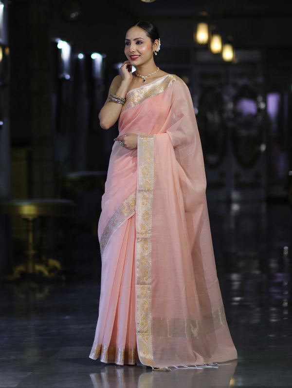 Banarasee Cotton Silk Plain Saree With Floral Zari Border-Pastel Peach