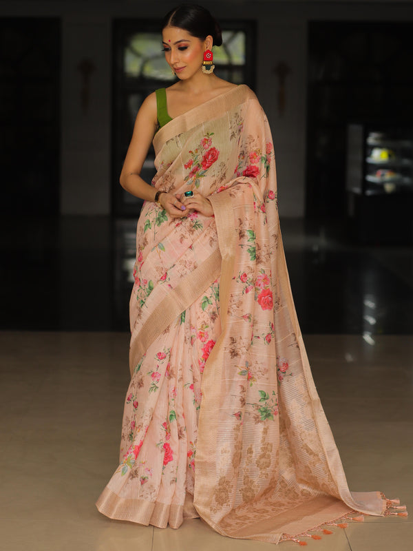 Banarasee Linen Cotton Digital Print Antique Zari Saree-Peach