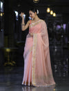 Banarasee Cotton Silk Plain Saree With Floral Zari Border-Pastel Peach