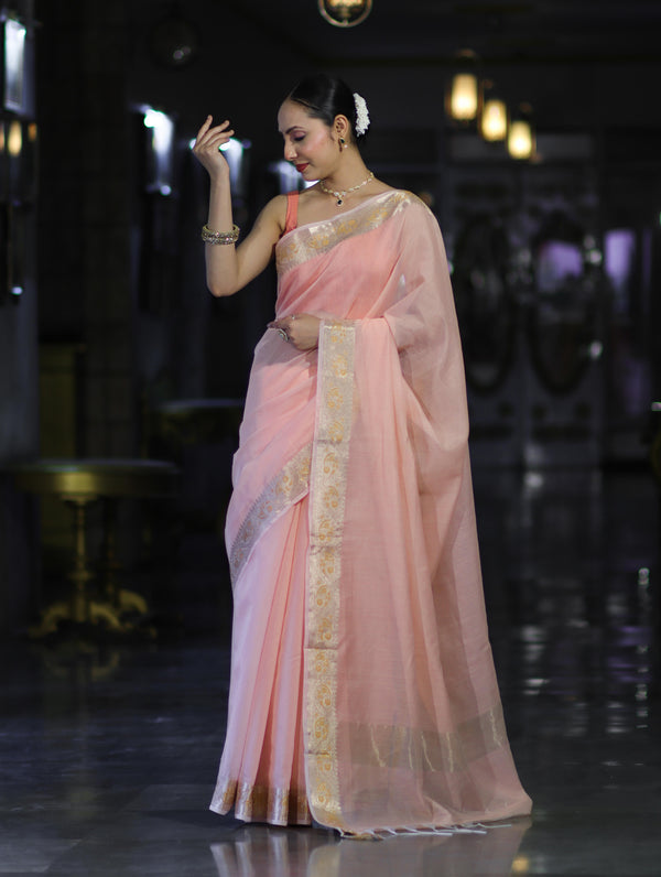 Banarasee Cotton Silk Plain Saree With Floral Zari Border-Pastel Peach
