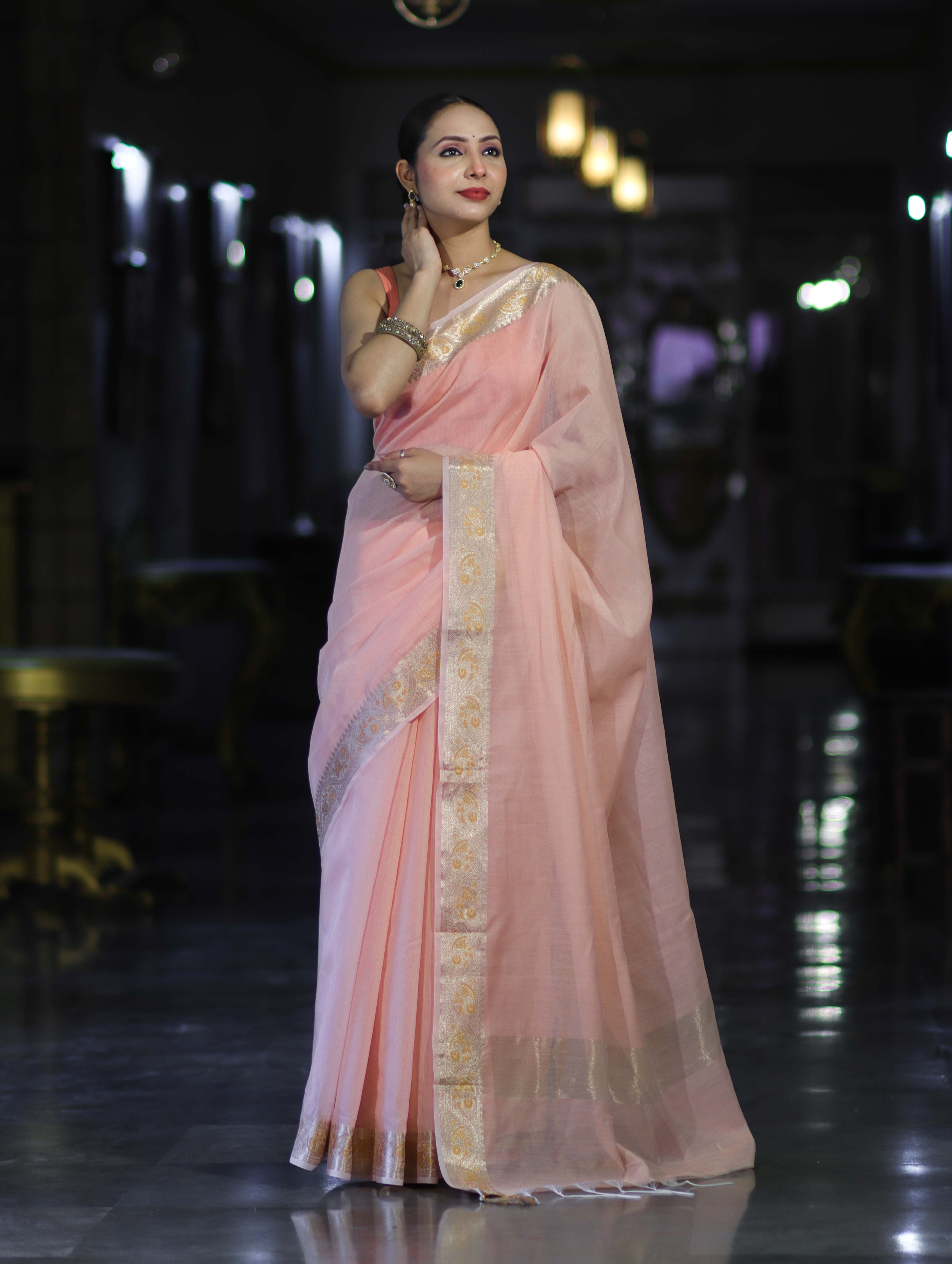 Banarasee Cotton Silk Plain Saree With Floral Zari Border-Pastel Peach