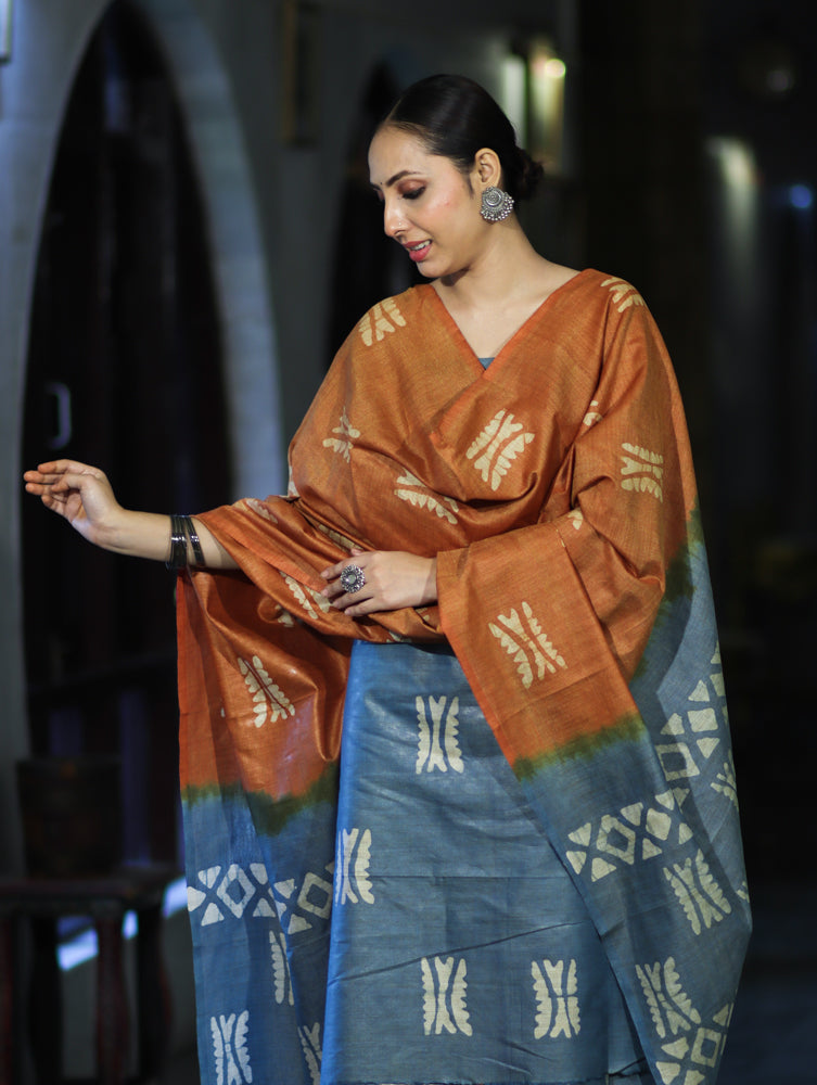 Pure Handloom Khadi Cotton Hand-Dyed Batik Pattern Salwar Kameez Dupatta Set-Blue & Brown