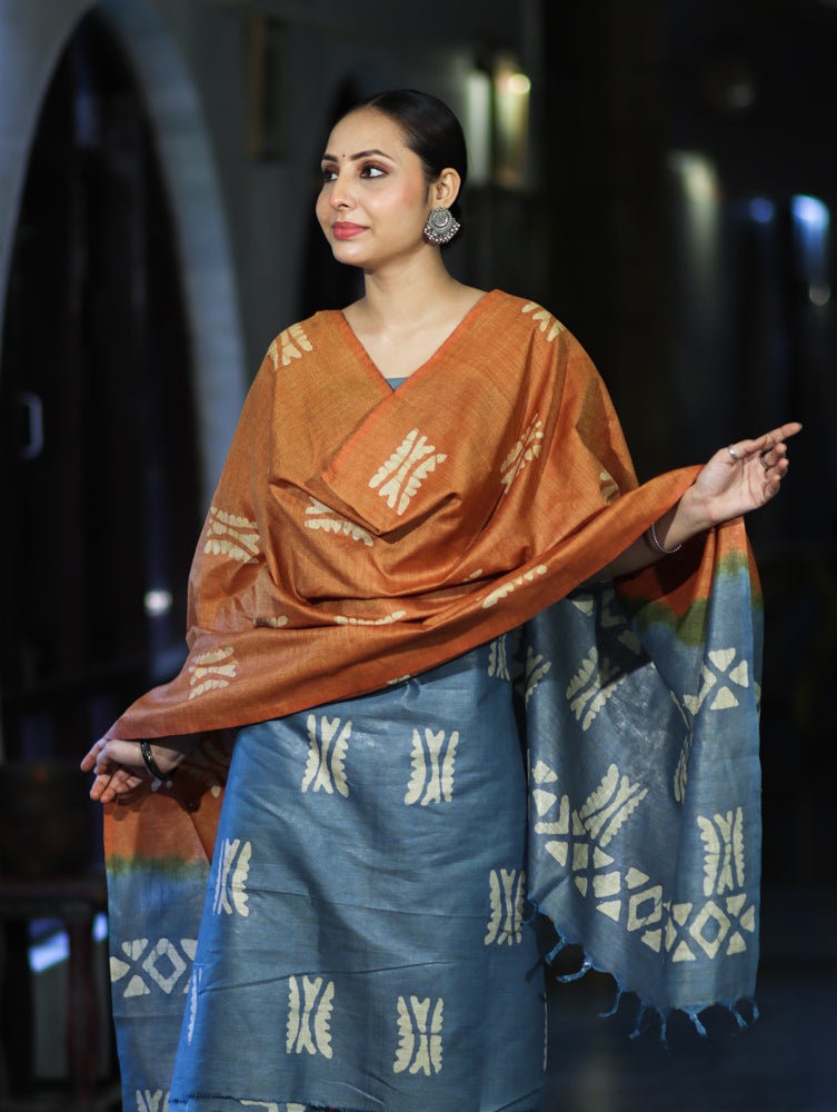 Pure Handloom Khadi Cotton Hand-Dyed Batik Pattern Salwar Kameez Dupatta Set-Blue & Brown