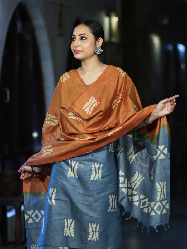 Pure Handloom Khadi Cotton Hand-Dyed Batik Pattern Salwar Kameez Dupatta Set-Blue & Brown