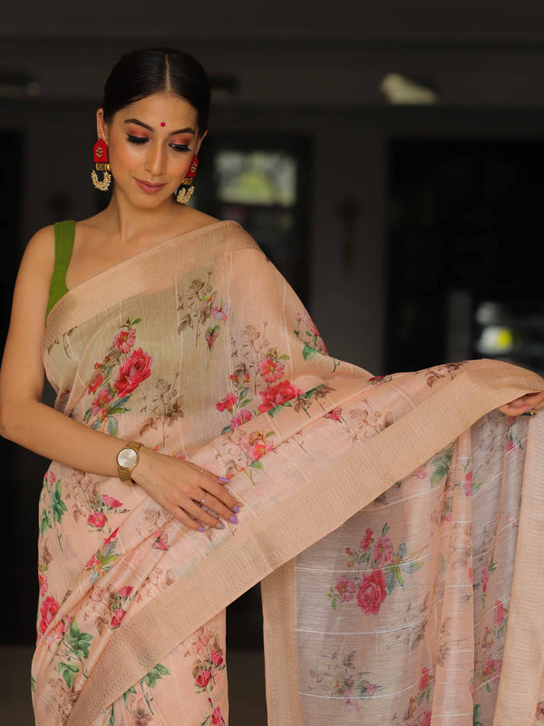 Banarasee Linen Cotton Digital Print Antique Zari Saree-Peach