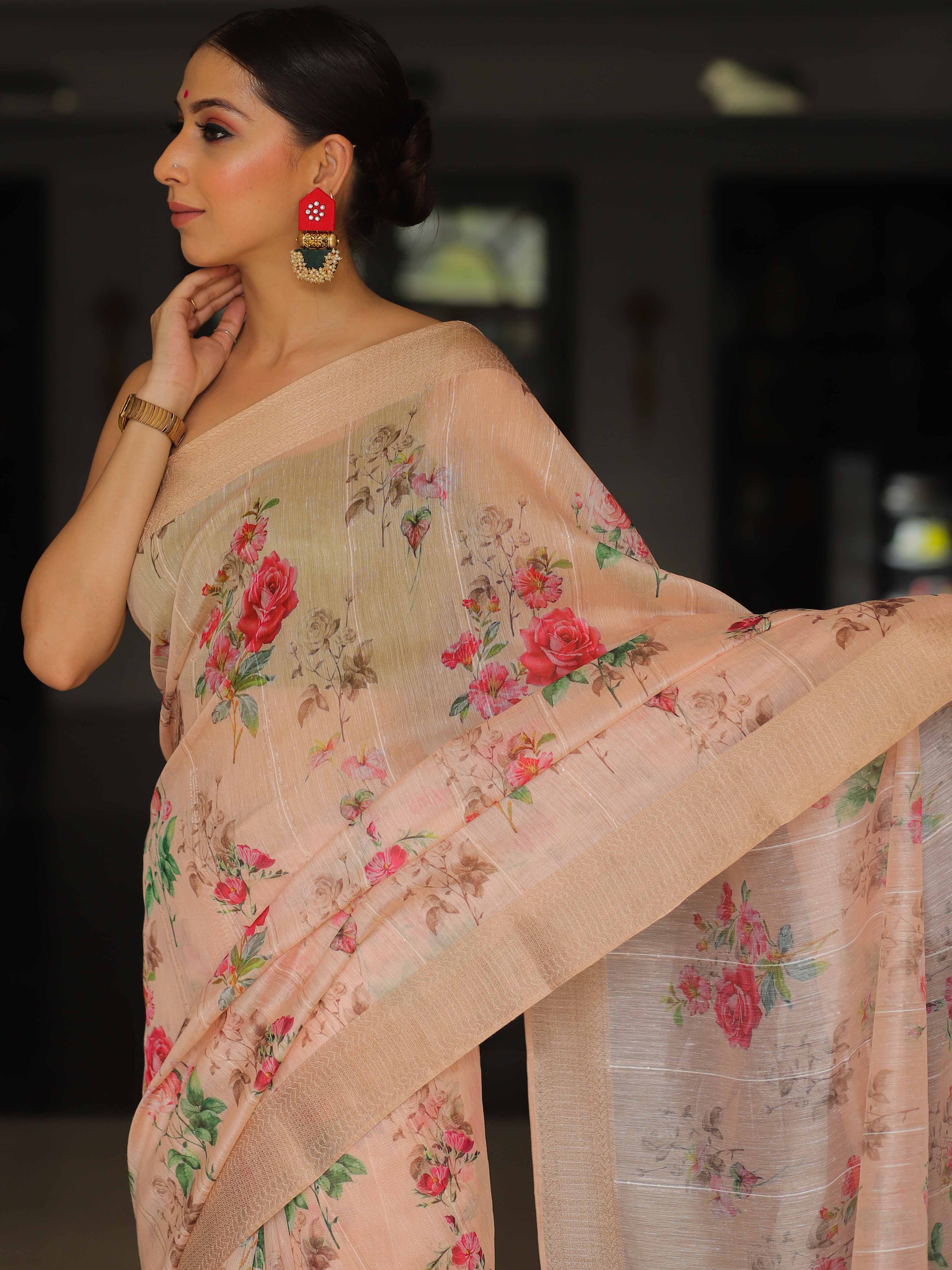 Banarasee Linen Cotton Digital Print Antique Zari Saree-Peach