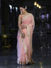 Banarasee Cotton Silk Plain Saree With Floral Zari Border-Pastel Peach