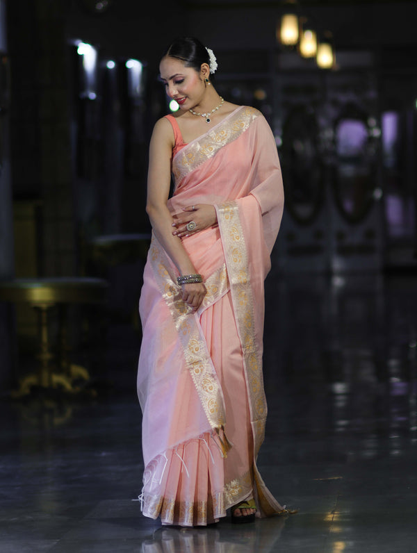 Banarasee Cotton Silk Plain Saree With Floral Zari Border-Pastel Peach
