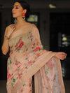 Banarasee Linen Cotton Digital Print Antique Zari Saree-Peach