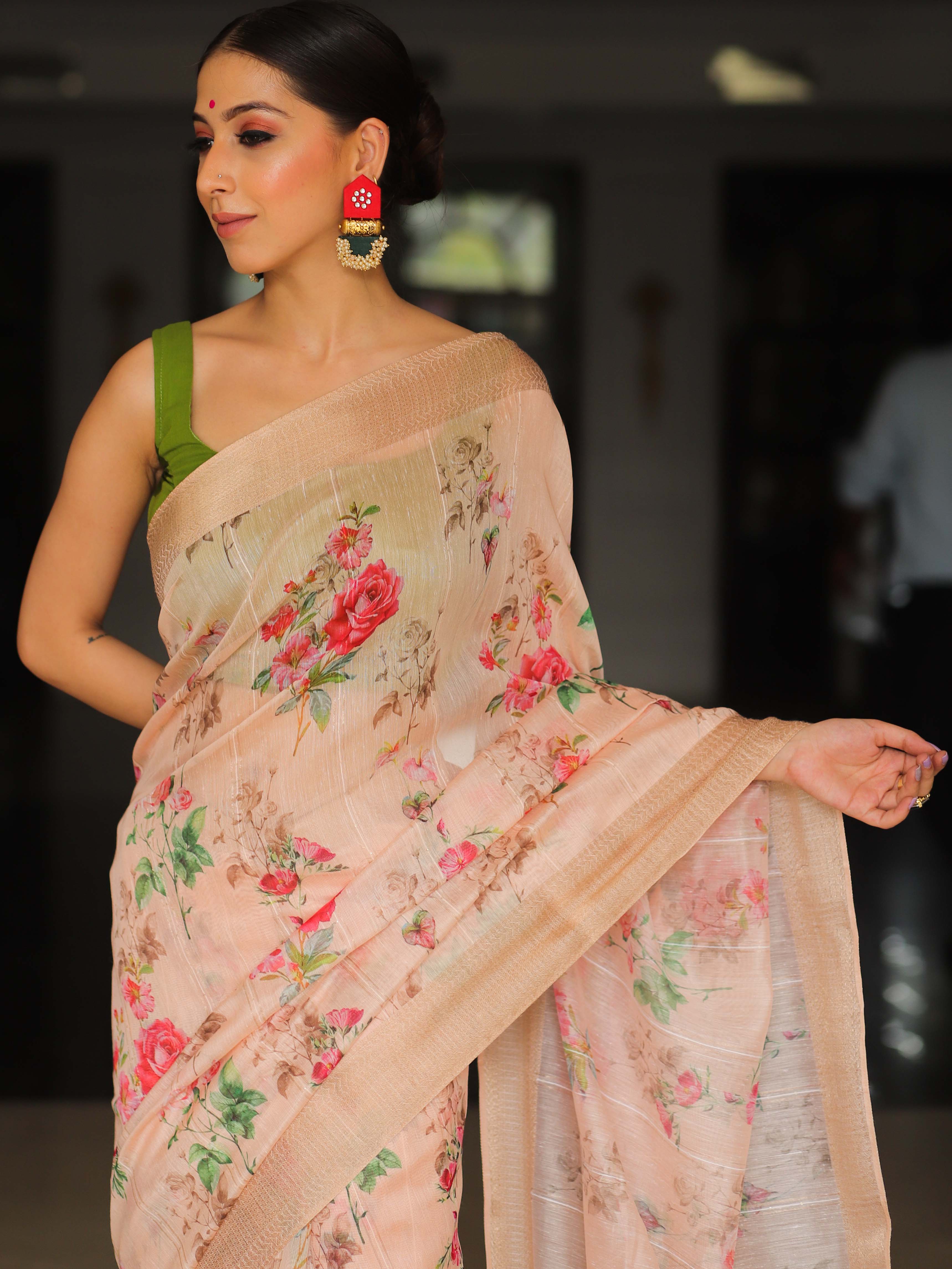 Banarasee Linen Cotton Digital Print Antique Zari Saree-Peach