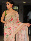 Banarasee Linen Cotton Digital Print Antique Zari Saree-Peach