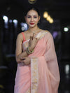 Banarasee Cotton Silk Plain Saree With Floral Zari Border-Pastel Peach