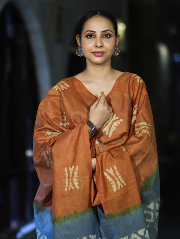 Pure Handloom Khadi Cotton Hand-Dyed Batik Pattern Salwar Kameez Dupatta Set-Blue & Brown