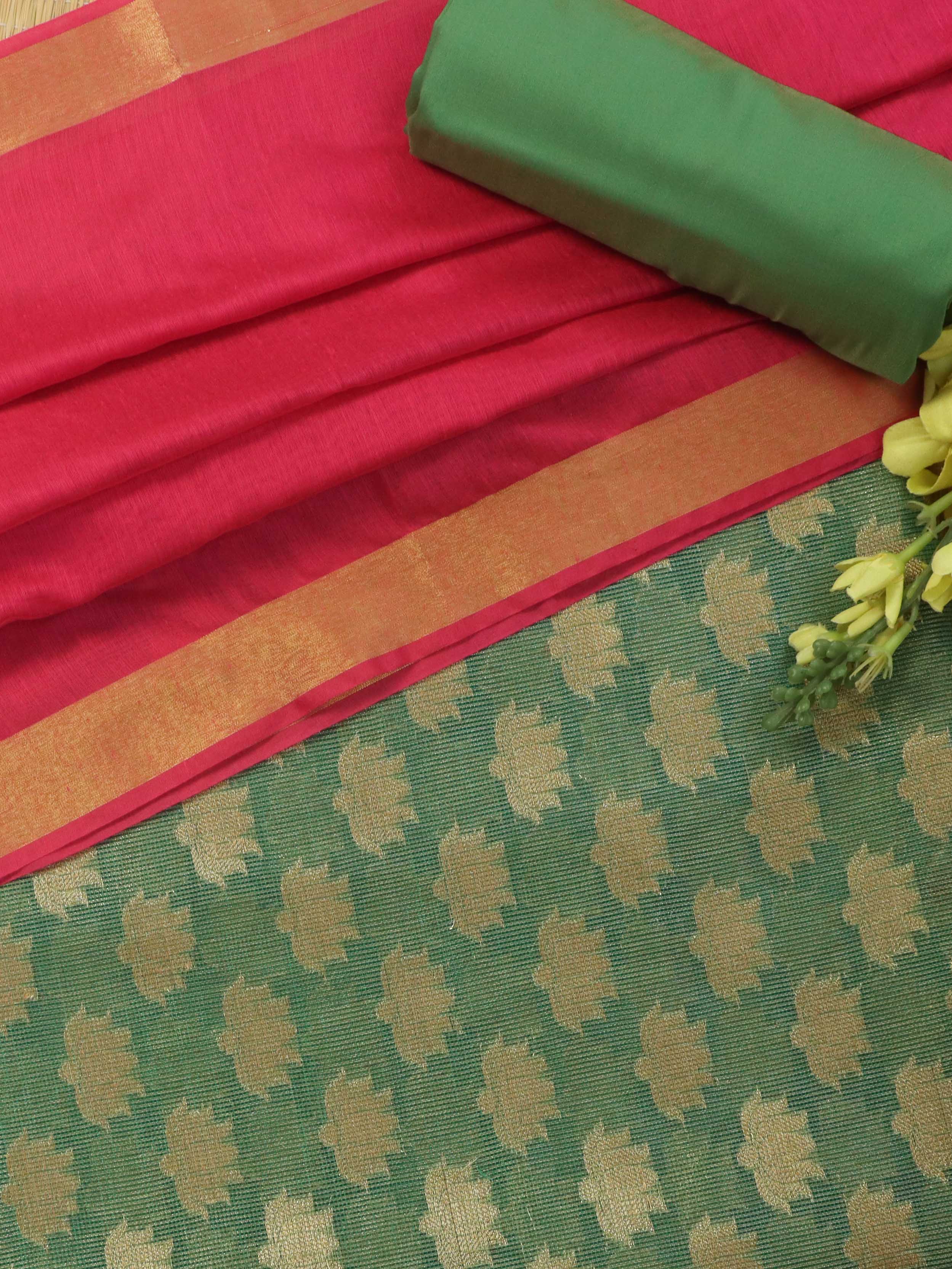 Banarasee Tissue Salwar Kameez Fabric With Contrast Cotton Silk Dupatta-Green & Pink