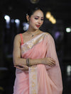 Banarasee Cotton Silk Plain Saree With Floral Zari Border-Pastel Peach