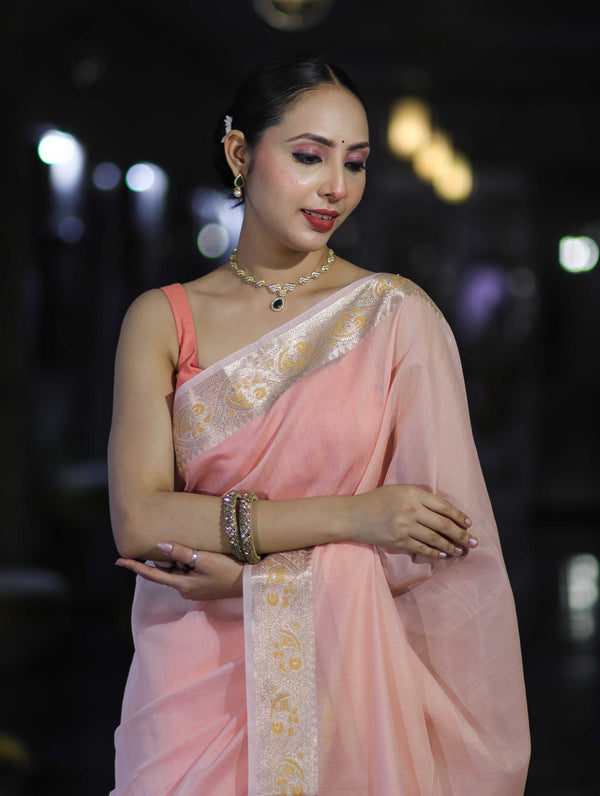 Banarasee Cotton Silk Plain Saree With Floral Zari Border-Pastel Peach