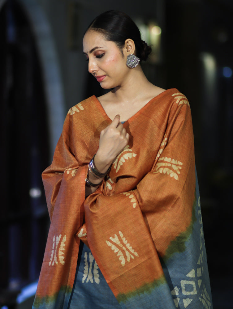 Pure Handloom Khadi Cotton Hand-Dyed Batik Pattern Salwar Kameez Dupatta Set-Blue & Brown