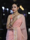 Banarasee Cotton Silk Plain Saree With Floral Zari Border-Pastel Peach