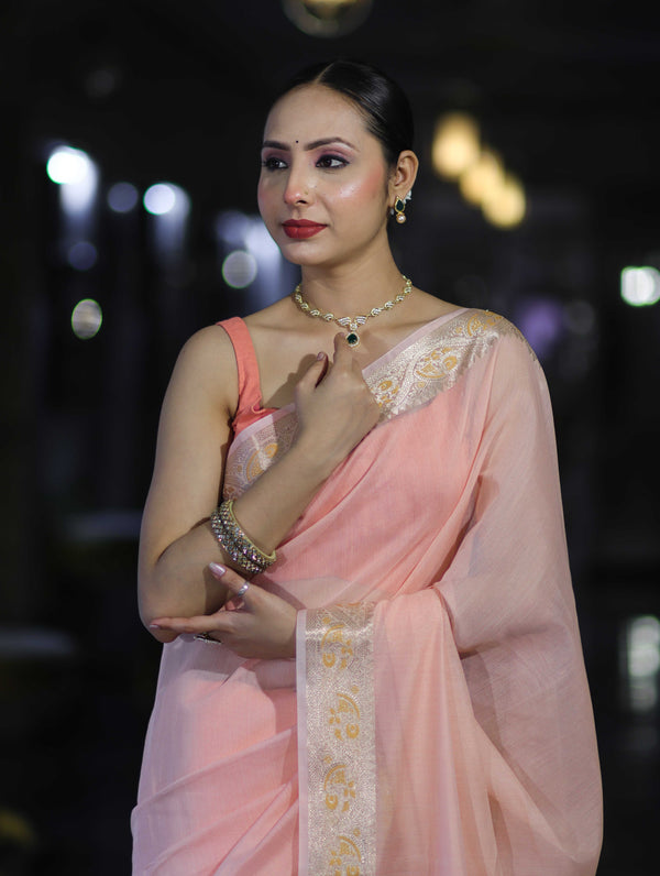 Banarasee Cotton Silk Plain Saree With Floral Zari Border-Pastel Peach