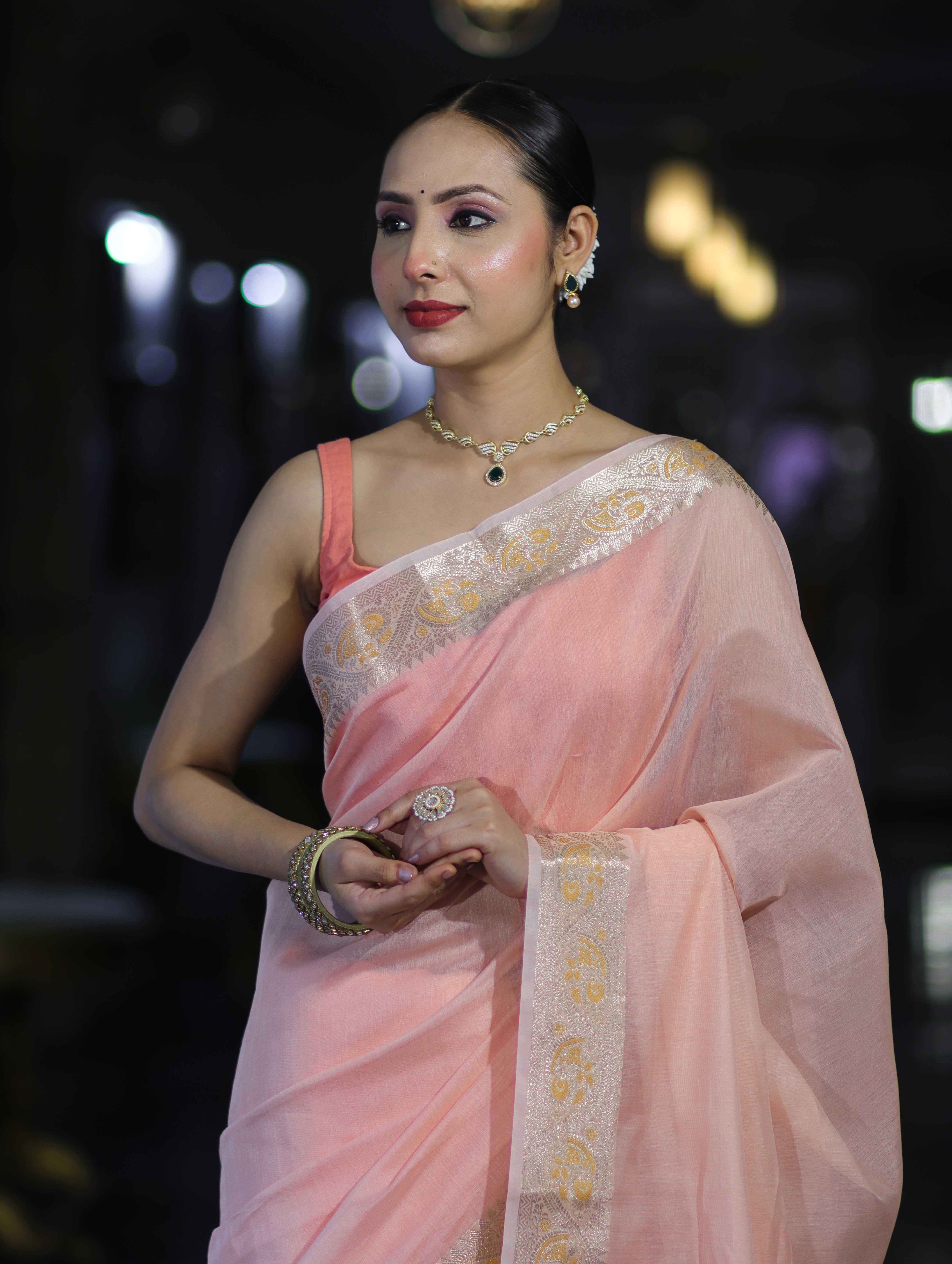 Banarasee Cotton Silk Plain Saree With Floral Zari Border-Pastel Peach