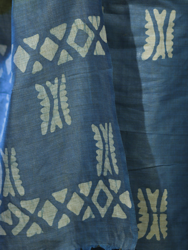 Pure Handloom Khadi Cotton Hand-Dyed Batik Pattern Salwar Kameez Dupatta Set-Blue & Brown