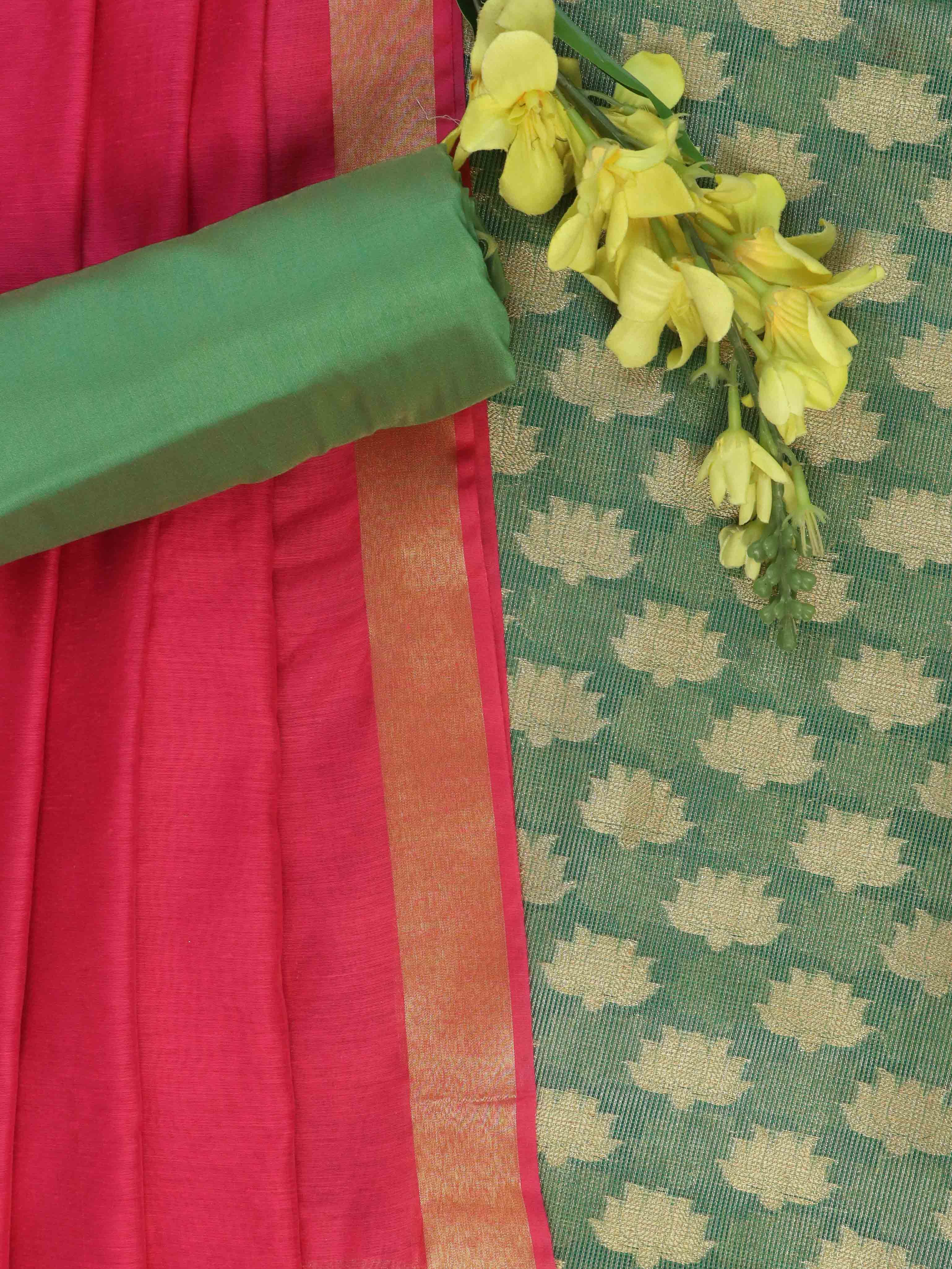 Banarasee Tissue Salwar Kameez Fabric With Contrast Cotton Silk Dupatta-Green & Pink