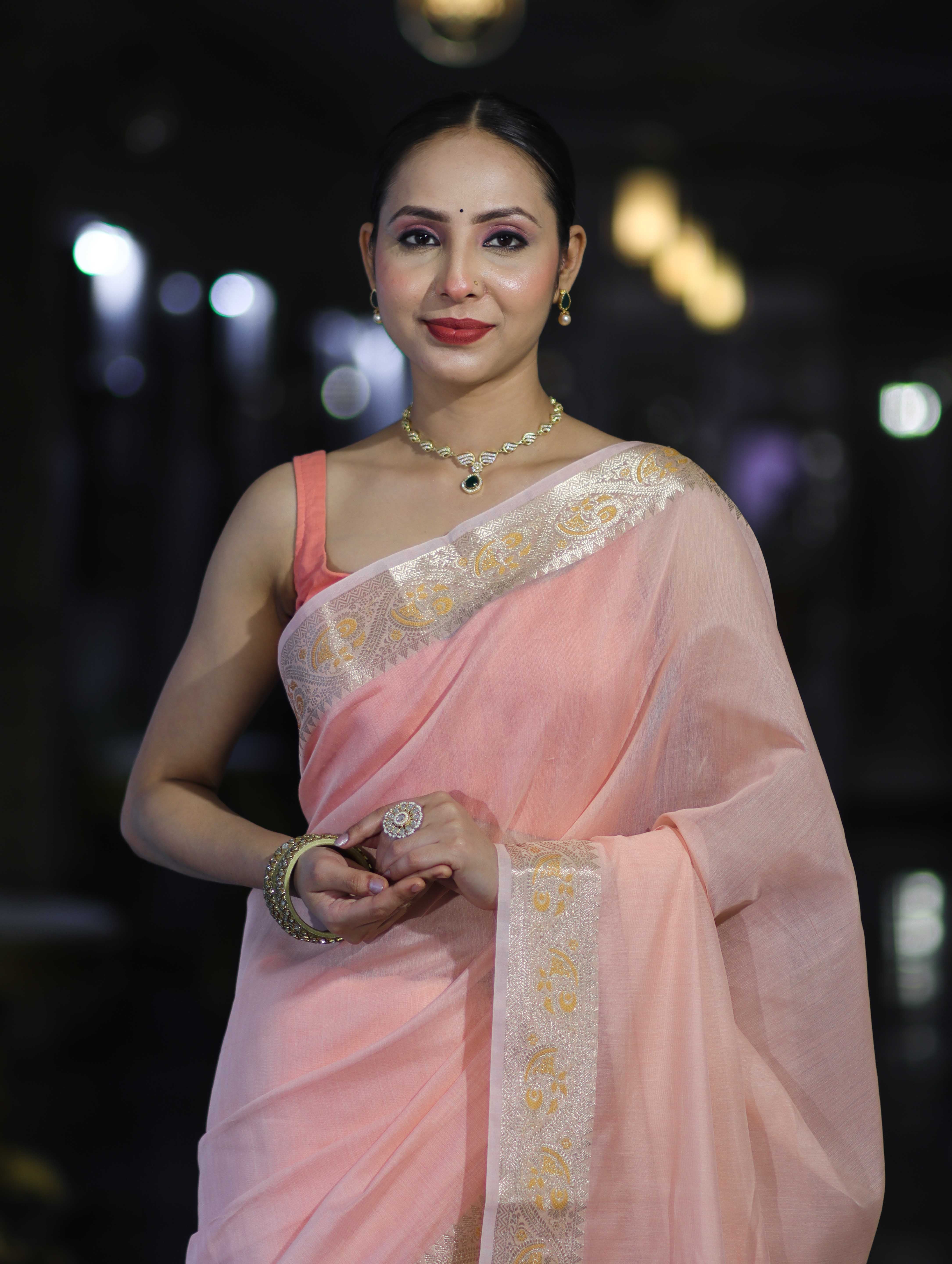 Banarasee Cotton Silk Plain Saree With Floral Zari Border-Pastel Peach