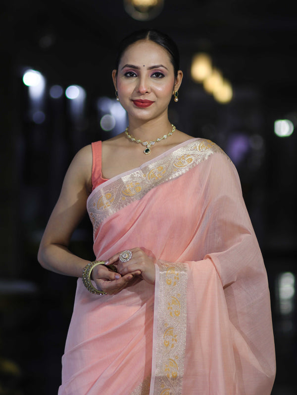 Banarasee Cotton Silk Plain Saree With Floral Zari Border-Pastel Peach