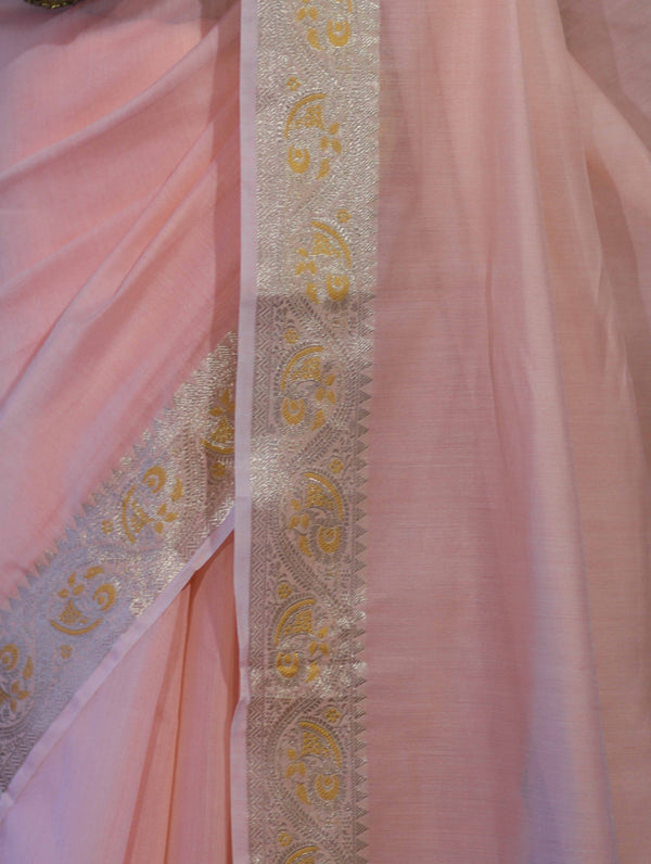 Banarasee Cotton Silk Plain Saree With Floral Zari Border-Pastel Peach