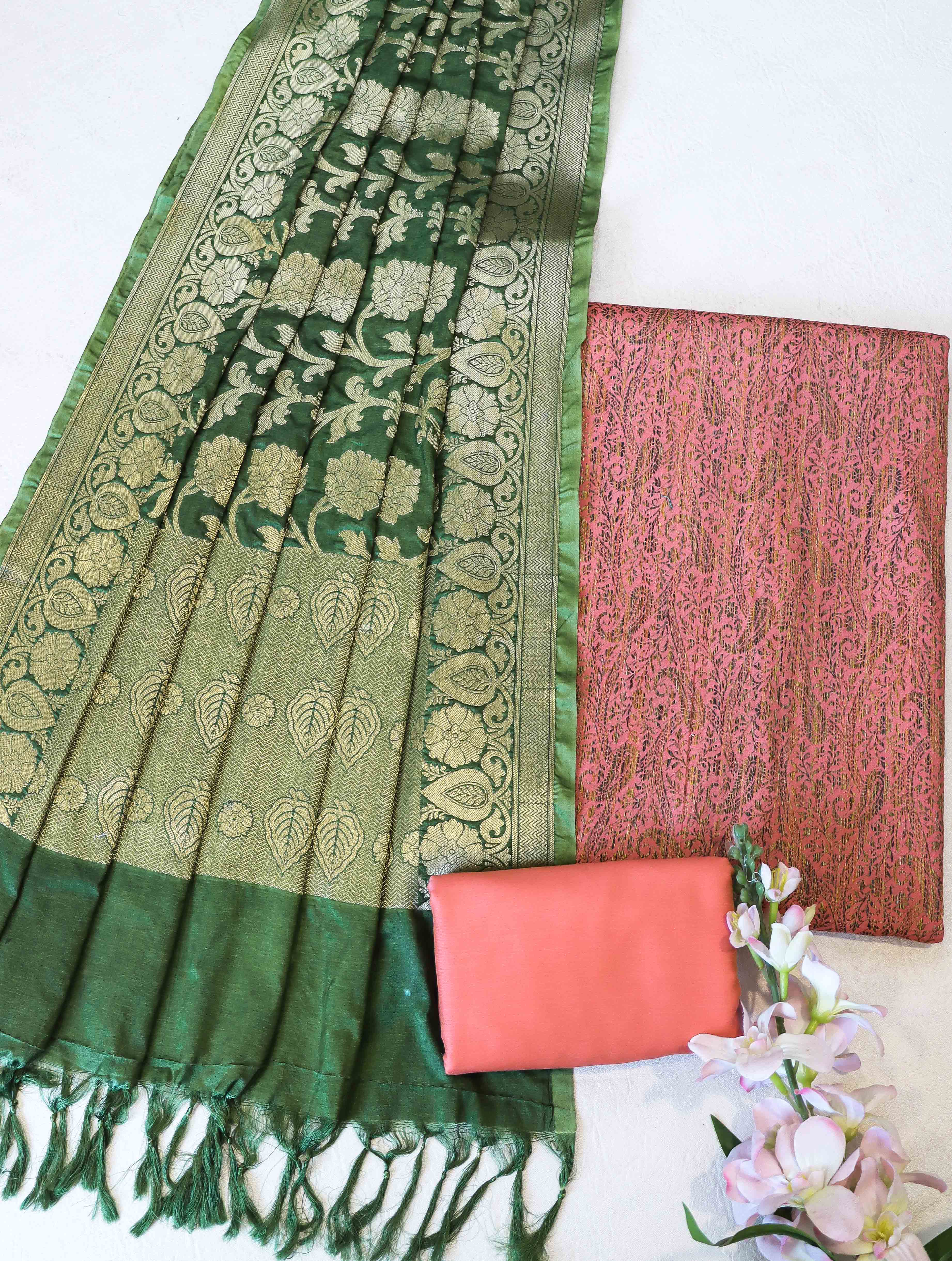 Banarasee Brocade Salwar Kameez Fabric With Jaal Design Dupatta-Peach & Green