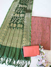 Banarasee Brocade Salwar Kameez Fabric With Jaal Design Dupatta-Peach & Green