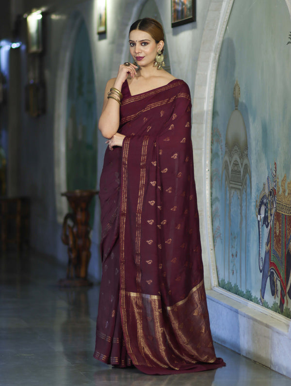 Banarasee Handloom Cotton Silk Saree With Antique Zari Buti Design & Border-Burgundy