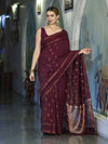 Banarasee Handloom Cotton Silk Saree With Antique Zari Buti Design & Border-Burgundy