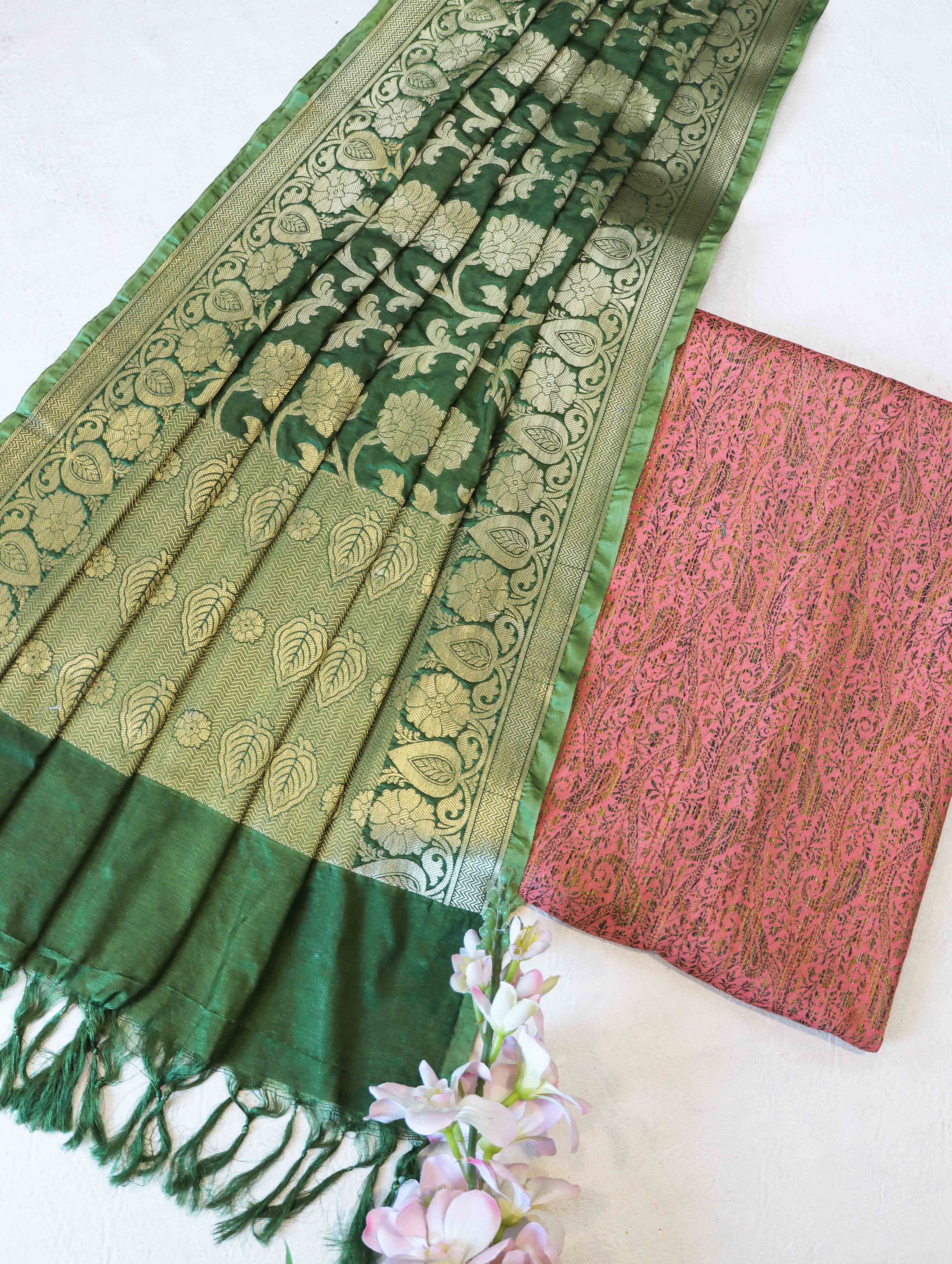 Banarasee Brocade Salwar Kameez Fabric With Jaal Design Dupatta-Peach & Green