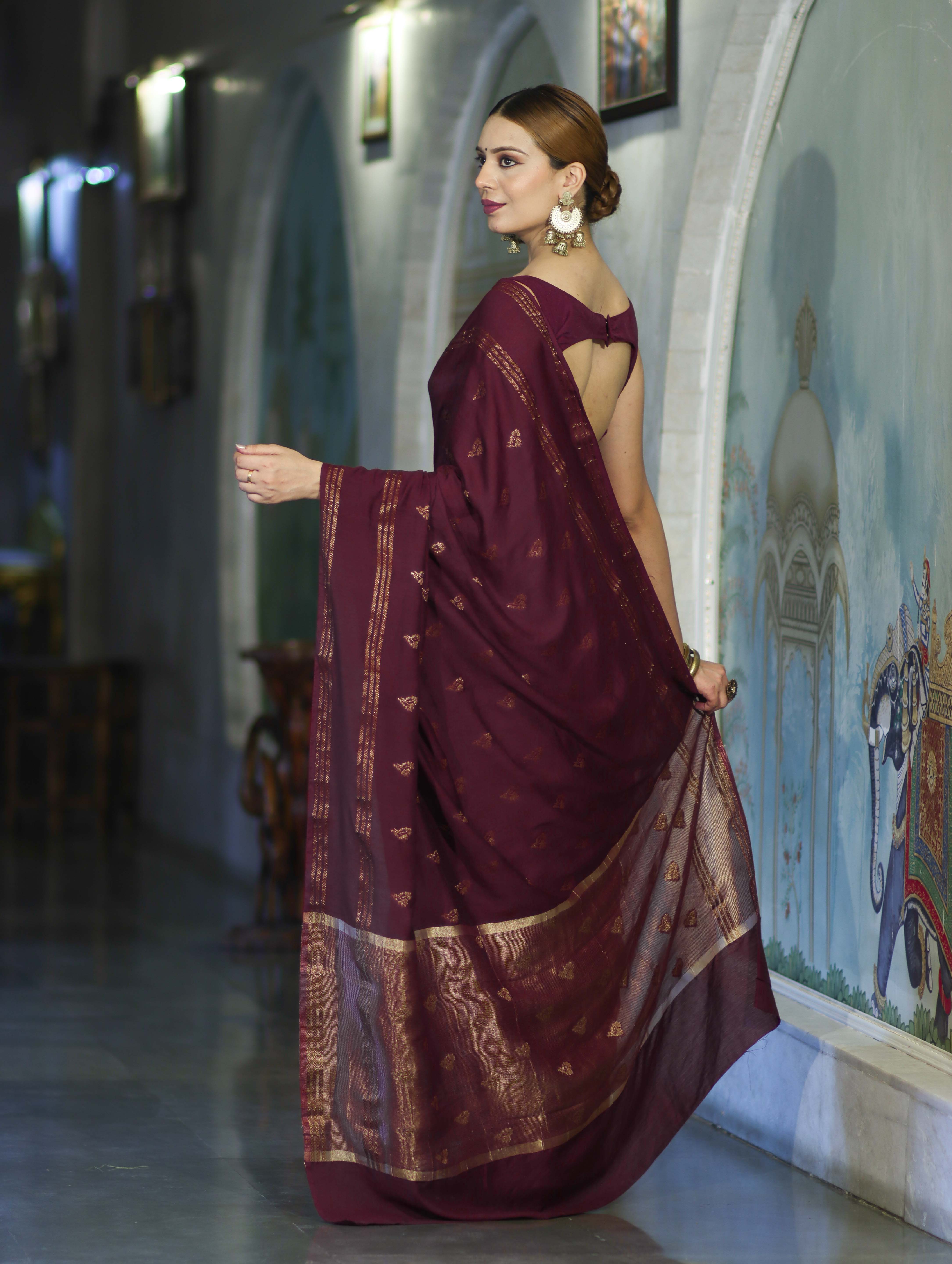 Banarasee Handloom Cotton Silk Saree With Antique Zari Buti Design & Border-Burgundy