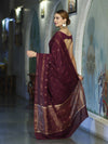 Banarasee Handloom Cotton Silk Saree With Antique Zari Buti Design & Border-Burgundy