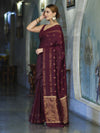 Banarasee Handloom Cotton Silk Saree With Antique Zari Buti Design & Border-Burgundy