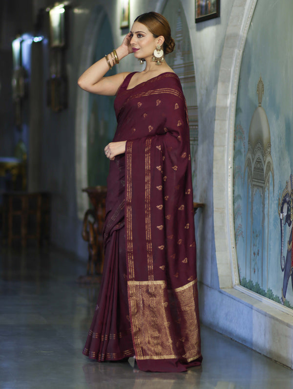 Banarasee Handloom Cotton Silk Saree With Antique Zari Buti Design & Border-Burgundy