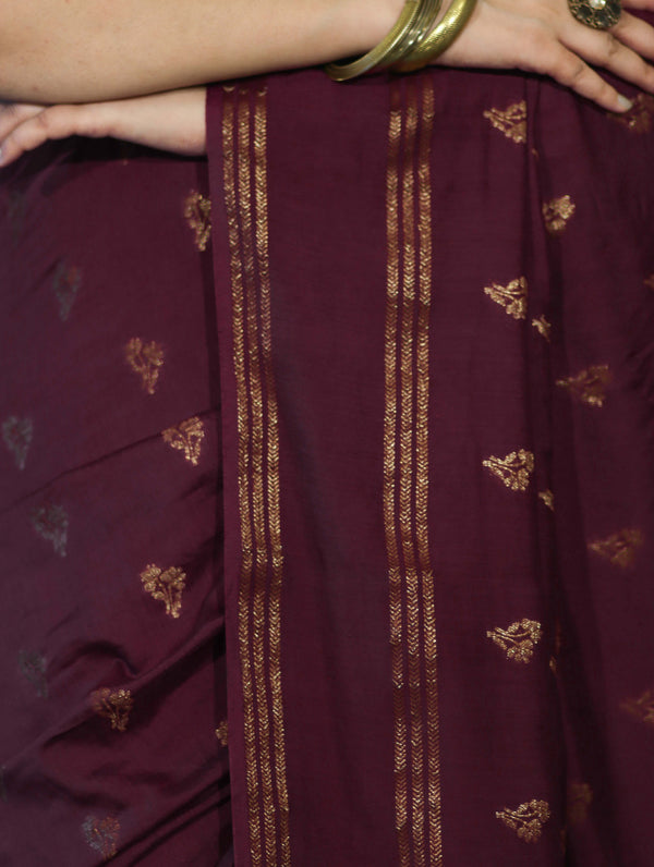 Banarasee Handloom Cotton Silk Saree With Antique Zari Buti Design & Border-Burgundy