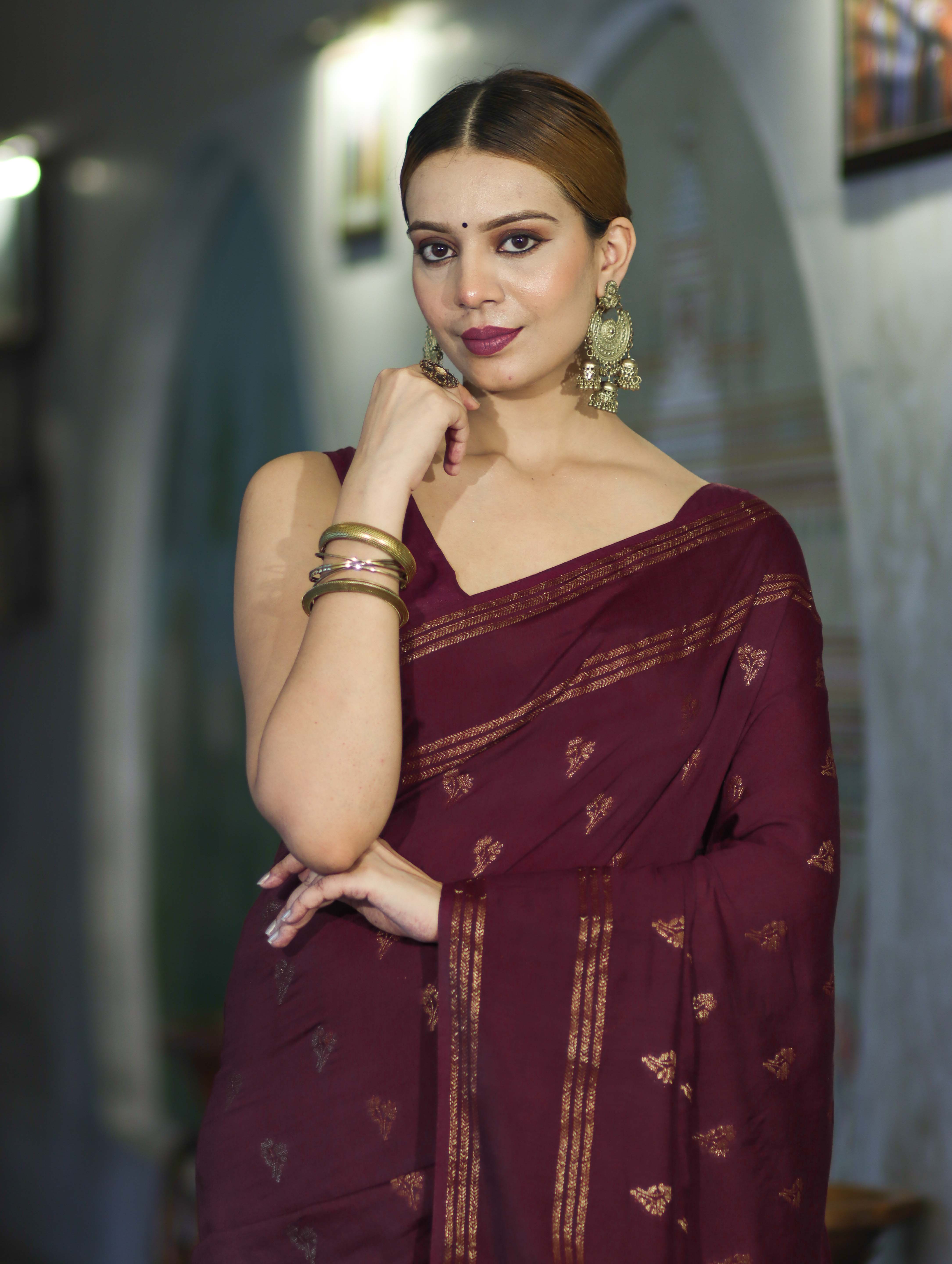 Banarasee Handloom Cotton Silk Saree With Antique Zari Buti Design & Border-Burgundy