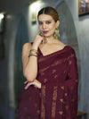 Banarasee Handloom Cotton Silk Saree With Antique Zari Buti Design & Border-Burgundy