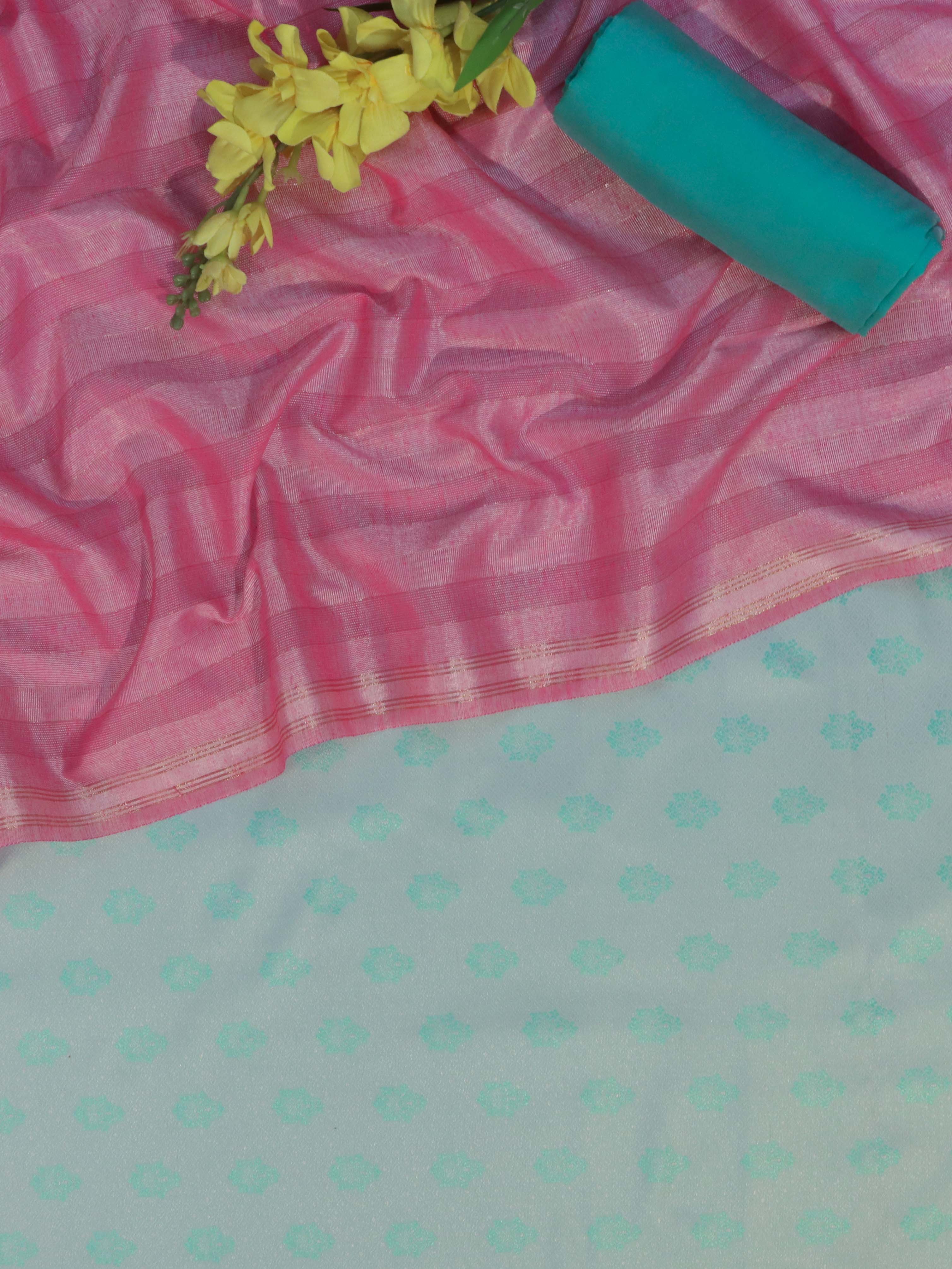 Banarasee Brocade Salwar Kameez Fabric With Cotton Silk Dupatta-Sea Green & Pink