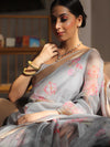 Banarasee Organza Mix Saree With Digital Floral Print-Grey